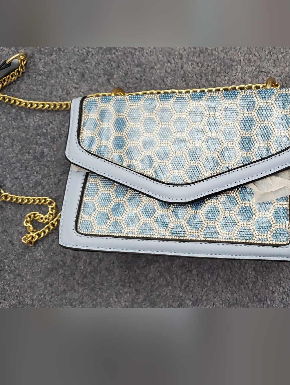 New W/o Tag Light Blue Hexagon Beaded Crossbody Bag with Gold Chain